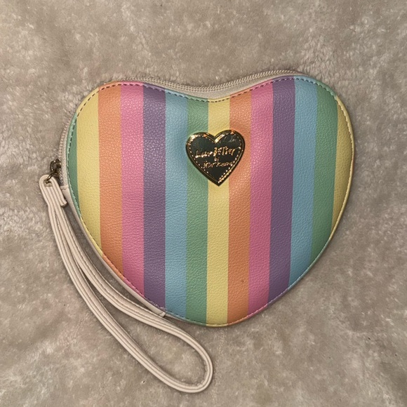 Luv Betsey Handbags - Luv Betsey by Betsey Johnson Pastel Rainbow Striped Heart Wristlet Clutch